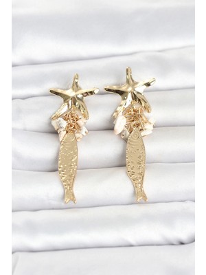 Zenvia Mey Ithalat® Deniz Yıldızı ve Balık Detaylı Krem Taşlı Gold Renk Kadın Küpe