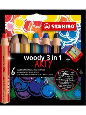 Stabilo Woody 3'ü 1 Arada Arty - Kalem, Sulu Mum Tebeşiri - 6'lı - Çeşitli Renkler Kalemtıraş