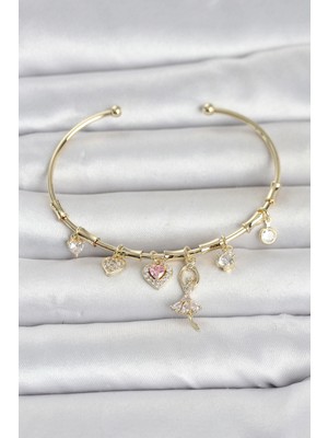 Butik Pirinç Gold Renk Balerin Detay Charmlı Kadın Bileklik