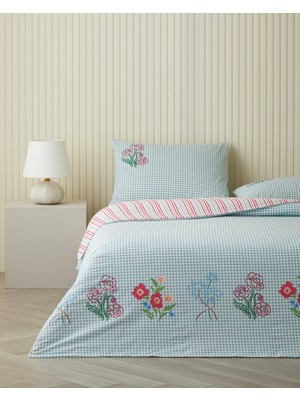 English Home Pamuklu Çift Kişilik Nevresim Seti 200 x 220 cm Pembe - Turuncu Modern Gingham Desenli