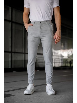 Modamesto Erkek Açık Gri Slim Fit Çizgili Likralı Yan Cep Bilek Boy Kumaş Pantolon