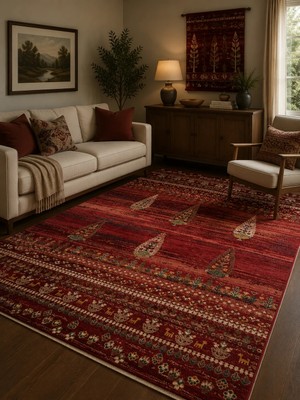 Eko Halı Kybele Kyb 02 Red Etnik Desenli Otantik Salon Halısı Oturma Odası Halısı Mutfak Halısı Modern Makine Halısı