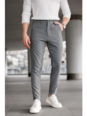 Modamesto Erkek Füme Slim Fit Çizgili Likralı Yan Cep Bilek Boy Düz Kumaş Pantolon