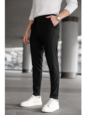 Modamesto Erkek Siyah Slim Fit Çizgili Likralı Yan Cep Bilek Boy Kumaş Pantolon