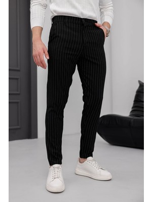 Modamesto Erkek Siyah Slim Fit Çizgili Likralı Yan Cep Bilek Boy Kumaş Pantolon