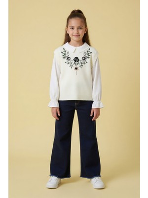 Cansın Mini Lacivert Gül Desenli Süveterli Gömlekli Kız Çocuk Jean Pantolonlu 3lü Takım 24108
