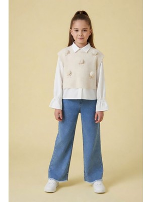 Cansın Mini Krem Ponponlu Süveterli Gömlekli Kız Çocuk Jean Pantolonlu 3lü Takım 24110