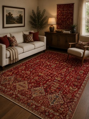 Eko Halı Kybele Kyb 01 Red Etnik Desenli Otantik Salon Halısı Oturma Odası Halısı Mutfak Halısı Modern Makine Halısı