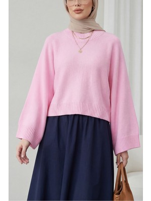 Moda Morfo Yarım Boğazlı Yarasa Kol Etek Üstü Triko Kazak -Pembe