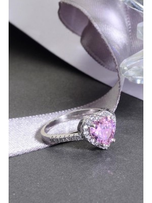 Innuendo Jewelry 925 Ayar Gümüş Pembe Kalp Taşlı Yüzük Zirkon Taşlı Romantik Kadın Yüzük