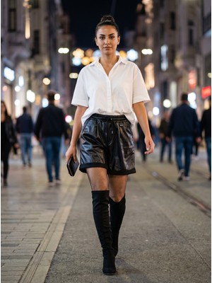 Kaizer Jeans Kadın Double Paça Deri Şort