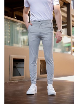 Ser Joven Erkek Açık Gri Slim Fit Çizgili Likralı Yan Cep Bilek Boy Kumaş Pantolon