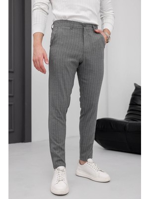Ser Joven Erkek Füme Slim Fit Çizgili Likralı Yan Cep Bilek Boy Düz Kumaş Pantolon