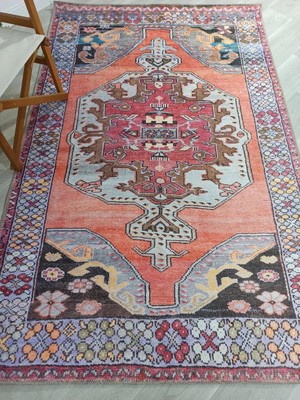 Pera Halı Mercan ve Mor Medalyonlu Vintage Türk Halısı - 15008KOU