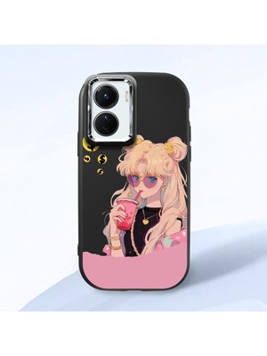 HONTINGA Vivo Y16 ile Uyumlu Kılıfı Kamera Korumalı Düşüme Önleyici Basitlik Siyah Yumuşak Silikon Telefon Kılıfı Güzel Kız Desenli K4-0045