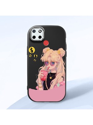 HONTINGA Realme C25S ile Uyumlu Kılıfı Kamera Korumalı Düşüme Önleyici Basitlik Siyah Yumuşak Silikon Telefon Kılıfı Güzel Kız Desenli K4-0045