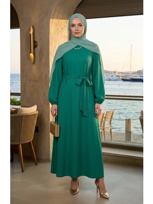 Sefa Merve Kolu Lastikli Kuşaklı Elbise 2261-04 Yeşil