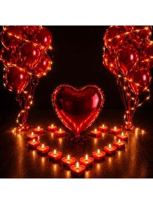 Tedaks Tutku Seti Kırmızı Balonlar Kırmızı Folyo Kalp Tealight Kırmızı Kalp Mum Yetişkin Süsleme