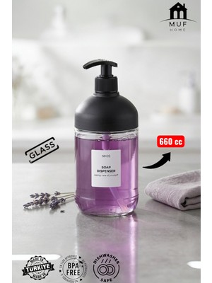 Muf Home Dev Hacimli Cam Sıvı Sabunluk - Xxl Büyük Boy Banyo ve Mutfak Sabunluğu Siyah Pompalı - 660CC