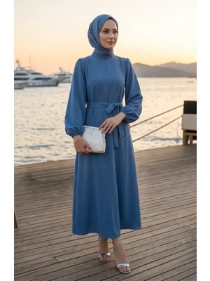 Sefa Merve Kolu Lastikli Kuşaklı Elbise 2261-01 Indigo