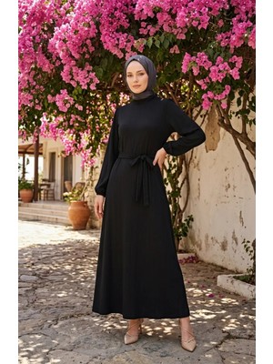 Sefa Merve Kolu Lastikli Kuşaklı Elbise 2261-02 Siyah