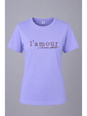 Trender L'mour Yazılı O Yaka Lila Kadın T-Shirt 26YDT1000006