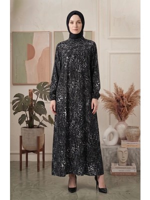 Sefa Merve Bürümcük Kumaş Robalı Desenli Elbise 0505A-01 Siyah