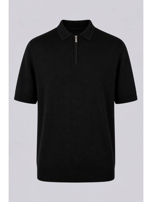 Trender  Düz Yarım Fermuarlı Siyah Erkek Polo Yaka T-Shirt 16357-15965
