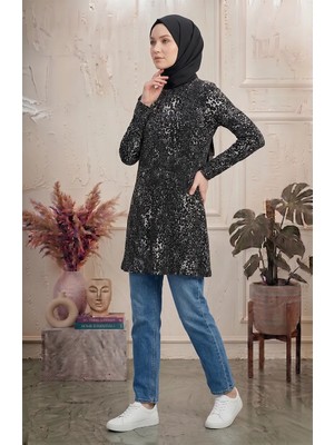 Sefa Merve Bürümcük Kumaş Leopar Desenli Tunik 0504B-02 Siyah
