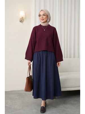 Moda Morfo Yarım Boğazlı Yarasa Kol Etek Üstü Triko Kazak -Bordo