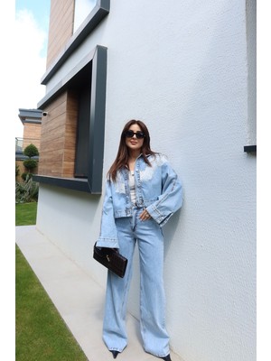 Özge Özgenç Dantel Detaylı Denim Ceket Pantolon Takım
