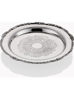 Lamedore Engrave Border Yuvarlak Gümüş Tepsi 25X25X2 cm Dekoratif Sunum ve Servis Tepsisi 1MG-6354