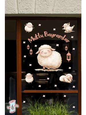 Msticker Sevimli Kuzulu Kurban Bayramı Cam Sticker Seti Çift Taraflı 61 Parça Bayram Süsü Premium Sticker