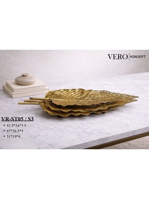 Vero Konsept Lüks Antik Gold 3 Lü Yaprak Tasarım Sunum Seti VR-ST05 - Ferforje Tepsi Takımı