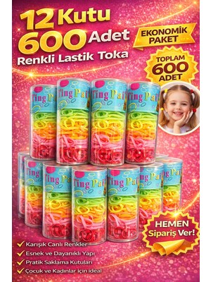 TKÇ 12 Kutu 600 Adet Renkli Lastik Toka Seti Karışık Renkli Saç Lastiği Çocuk ve Kadın Saç Tokas
