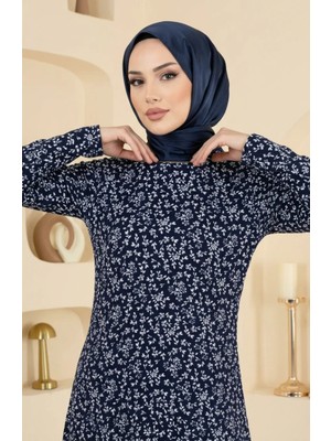 Sefa Merve Bürümcük Kumaş Desenli Tunik 0504-03 Lacivert