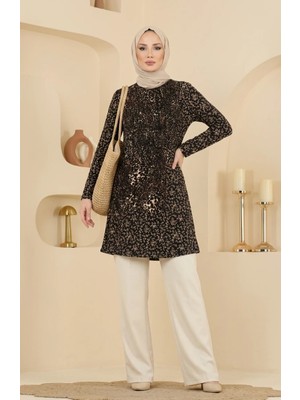 Sefa Merve Bürümcük Kumaş Leopar Desenli Tunik 0504B-01 Kahverengi