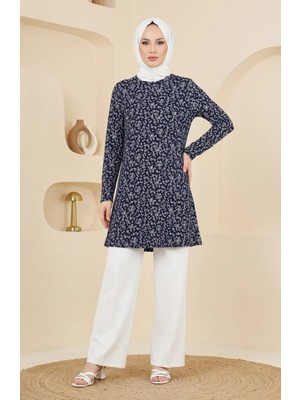 Sefa Merve Bürümcük Kumaş Desenli Tunik 0504-03 Lacivert