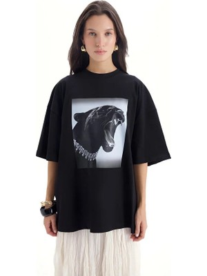 Hai Collection Kadın %100 Pamuk Oversize Baskılı Tişört Casual Stil