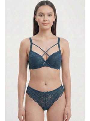 Hadiora Indigo Mavi Çapraz Şeritli Dantelli Destekli Sütyen Takımı