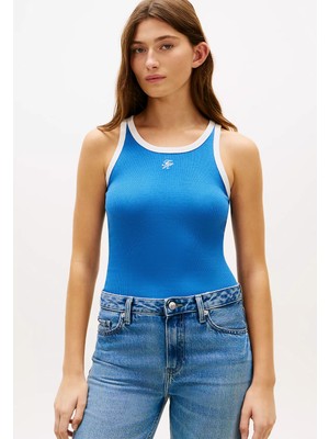 Tommy Hilfiger Kadın Yuvarlak Yakalı Askılı Dar Kesim Logo Işlemeli Mavi T-Shirt WW0WW48712-C4U