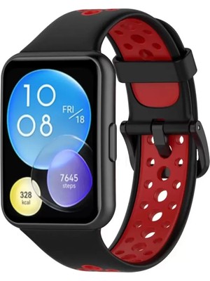 Esranın Dünyası Newface Huawei Watch Fit 2 Spor Delikli Kordon - Siyah-Kırmızı