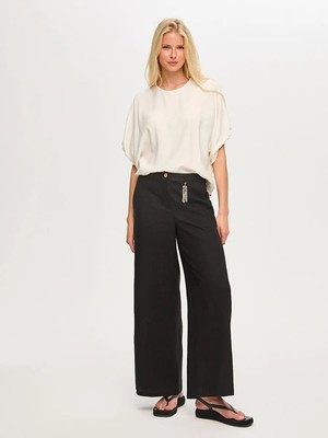 Faik Sönmez Wide Leg Fit Metal Aksesuarlı Keten Karışımlı Pantolon S26PNT034