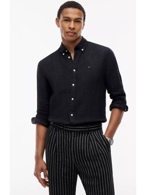 Tommy Hilfiger Erkek Regular Fit %100 Keten Logo Imzalı Uzun Kollu Siyah Gömlek MW0MW41530-BDS