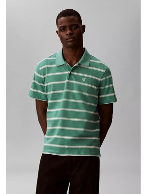 Calvin Klein Erkek Yatay Çizgi Desenli Normal Kalıp Logo Detaylı Kısa Kollu Pamuklu Yeşil Polo Yaka T-Shirt LV04RF274G-VFL