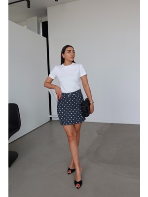 Özge Özgenç Puantiyeli Denim Mini Etek