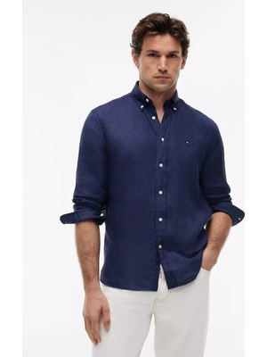 Tommy Hilfiger Erkek Regular Fit %100 Keten Logo Imzalı Uzun Kollu Lacivert Gömlek MW0MW41530-DCC
