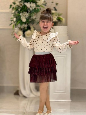Lolipop Kids Store Kız Çocuk Kalpli Müslin Gömlek ve Fırfırlı Etek Takım
