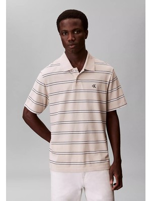 Calvin Klein Erkek Yatay Çizgi Desenli Normal Kalıp Logo Detaylı Kısa Kollu Pamuklu Bej Polo Yaka T-Shirt LV04RF274G-2JX
