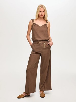 Faik Sönmez Wide Leg Fit Metal Aksesuarlı Keten Karışımlı Pantolon S26PNT034
